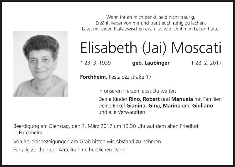  Traueranzeige für Elisabeth Moscati vom 04.03.2017 aus MGO