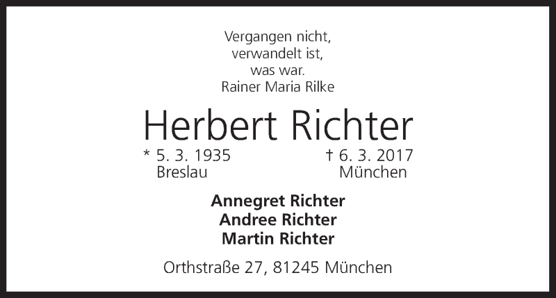  Traueranzeige für Herbert Richter vom 25.03.2017 aus MGO