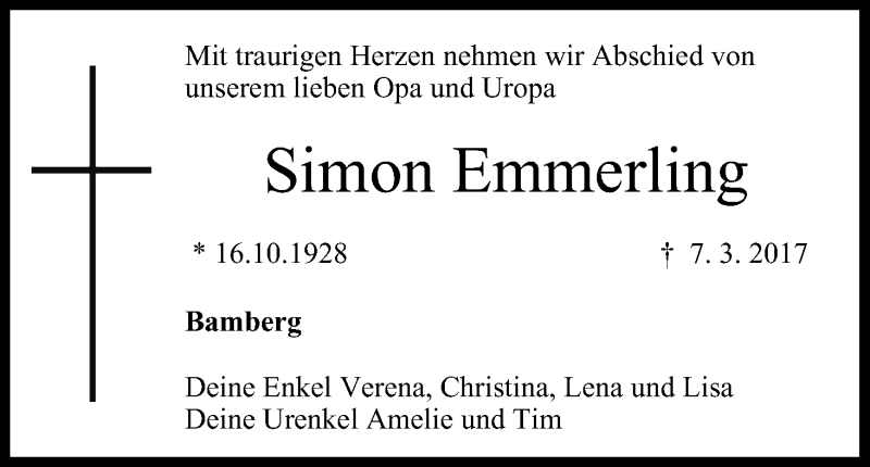  Traueranzeige für Simon Emmerling vom 11.03.2017 aus MGO