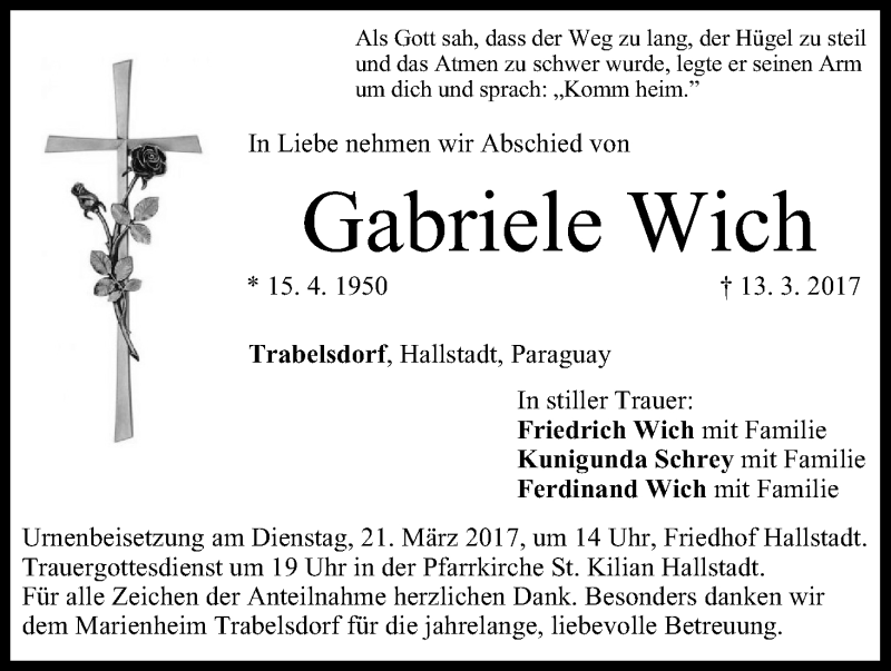  Traueranzeige für Gabriele Wich vom 18.03.2017 aus MGO
