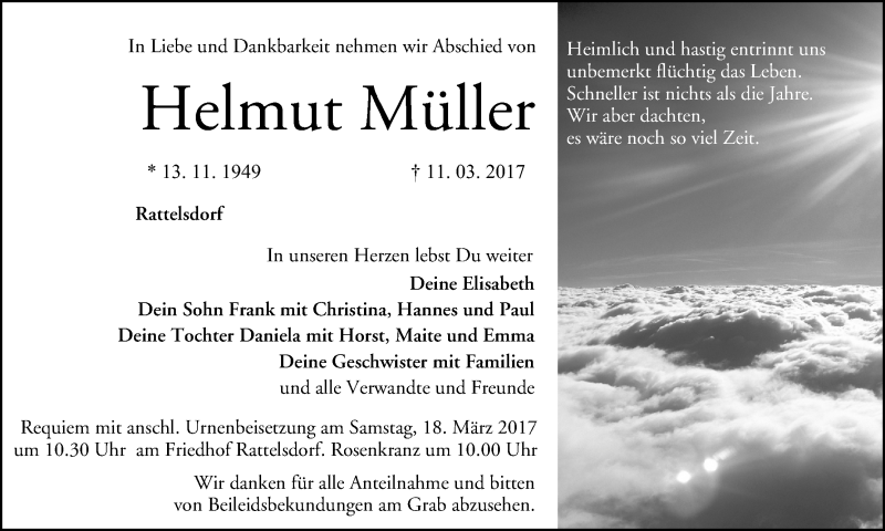  Traueranzeige für Helmut Müller vom 15.03.2017 aus MGO
