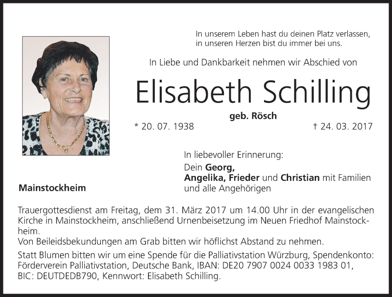  Traueranzeige für Elisabeth Schilling vom 29.03.2017 aus MGO