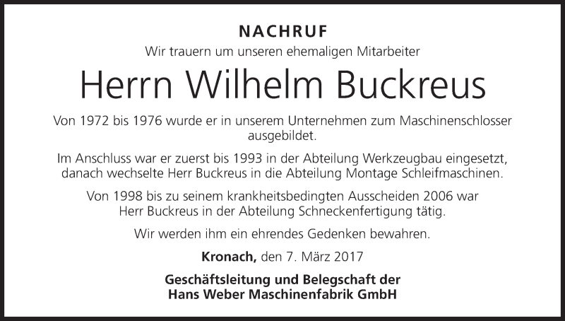  Traueranzeige für Wilhelm Buckreus vom 07.03.2017 aus MGO