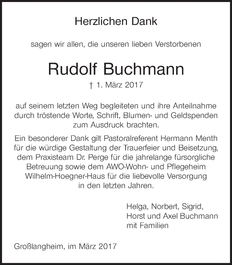  Traueranzeige für Rudolf Buchmann vom 18.03.2017 aus MGO