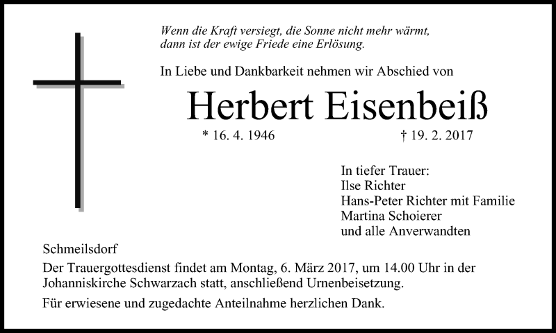  Traueranzeige für Herbert Eisenbeiß vom 03.03.2017 aus MGO