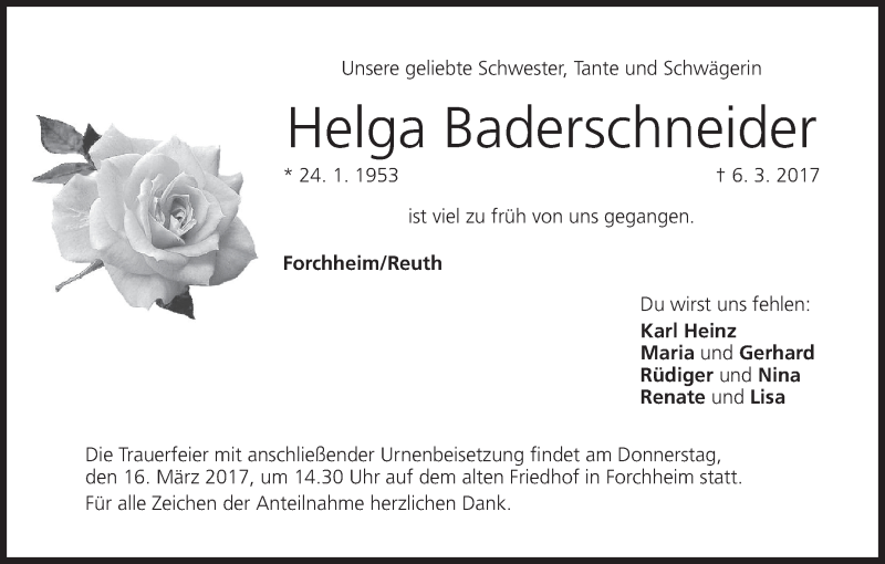  Traueranzeige für Helga Baderschneider vom 11.03.2017 aus MGO