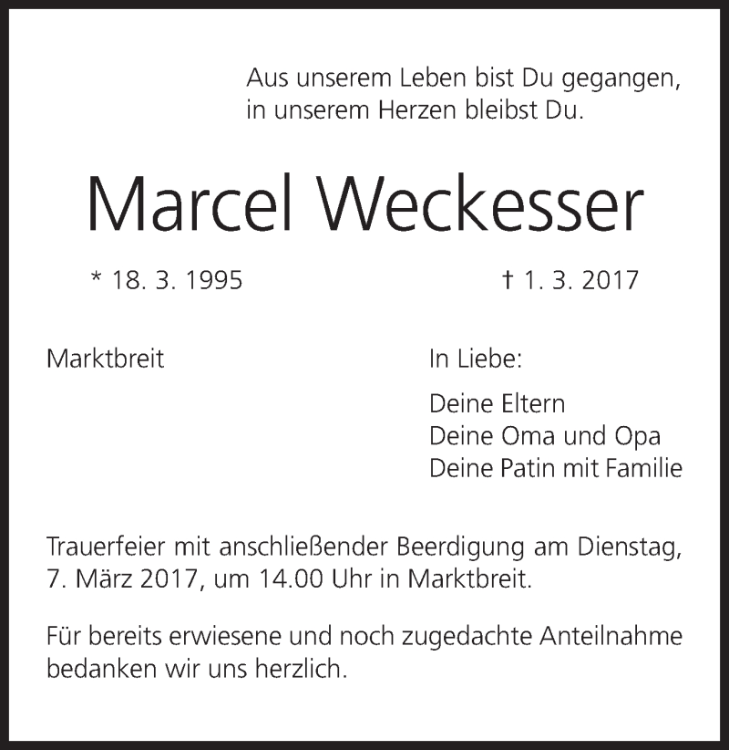  Traueranzeige für Marcel Weckesser vom 04.03.2017 aus MGO