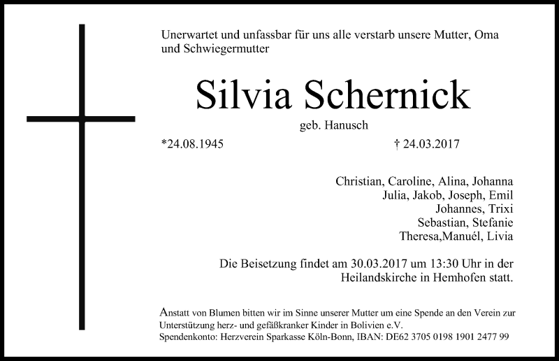  Traueranzeige für Silvia Schernick vom 28.03.2017 aus MGO