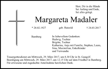 Traueranzeige von Margareta Madaler