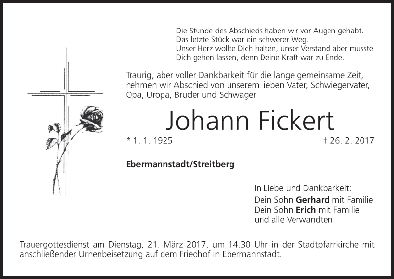  Traueranzeige für Johann Fickert vom 18.03.2017 aus MGO