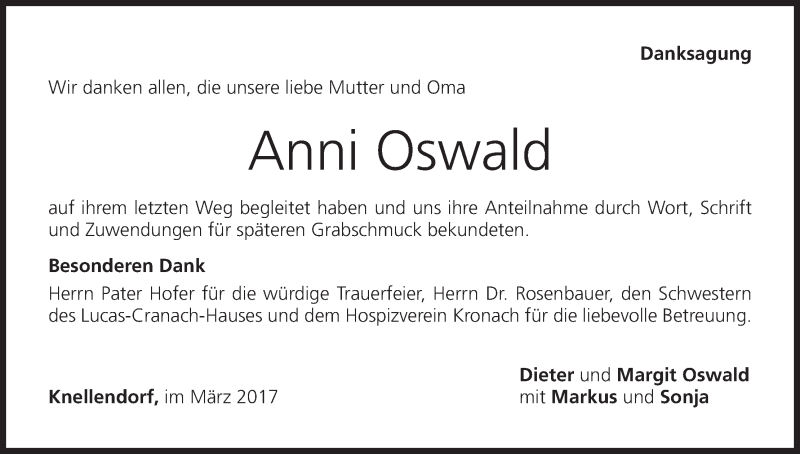  Traueranzeige für Anni Oswald vom 11.03.2017 aus MGO