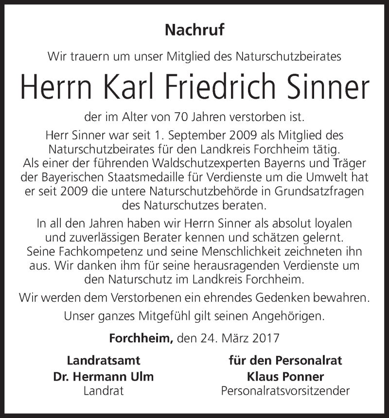  Traueranzeige für Karl Friedrich Sinner vom 25.03.2017 aus MGO