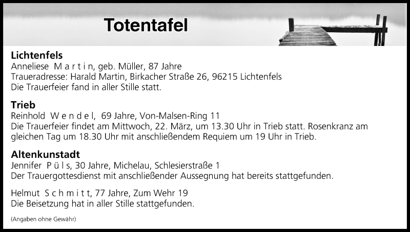  Traueranzeige für Totentafel vom 21.03.2017 vom 21.03.2017 aus MGO