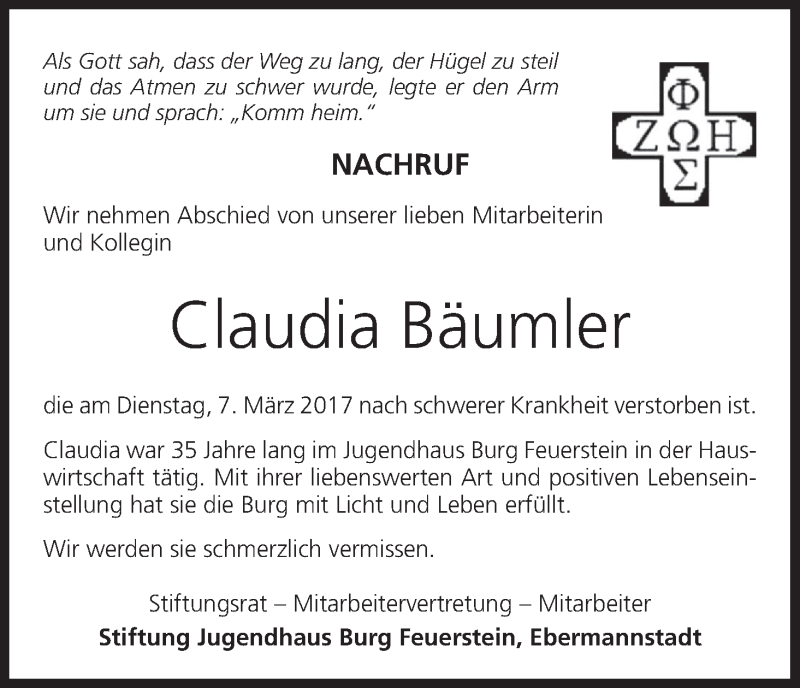  Traueranzeige für Claudia Bäumler vom 18.03.2017 aus MGO