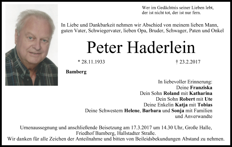  Traueranzeige für Peter Haderlein vom 16.03.2017 aus MGO