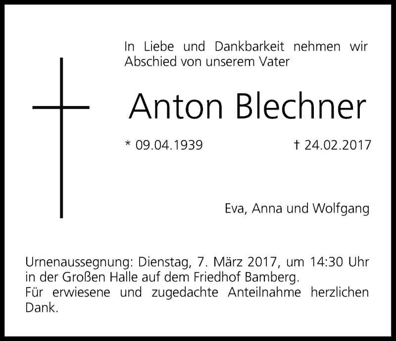  Traueranzeige für Anton Blechner vom 04.03.2017 aus MGO