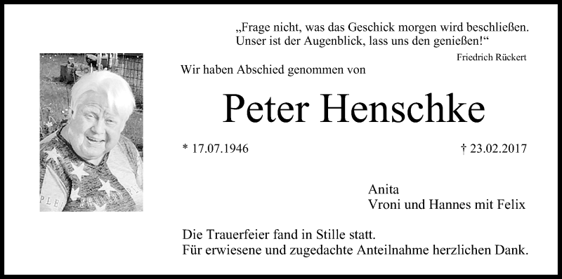  Traueranzeige für Peter Henschke vom 25.03.2017 aus MGO