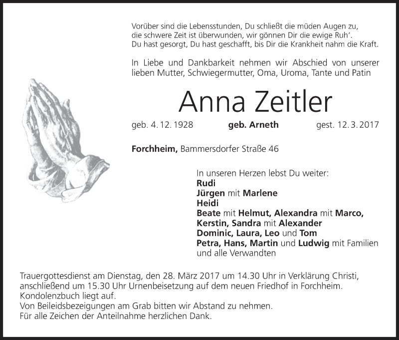  Traueranzeige für Anna Zeitler vom 25.03.2017 aus MGO