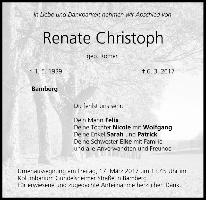  Traueranzeige für Renate Christoph vom 15.03.2017 aus MGO