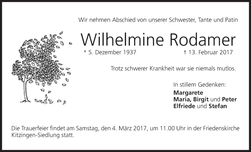  Traueranzeige für Wilhelmine Rodamer vom 02.03.2017 aus MGO