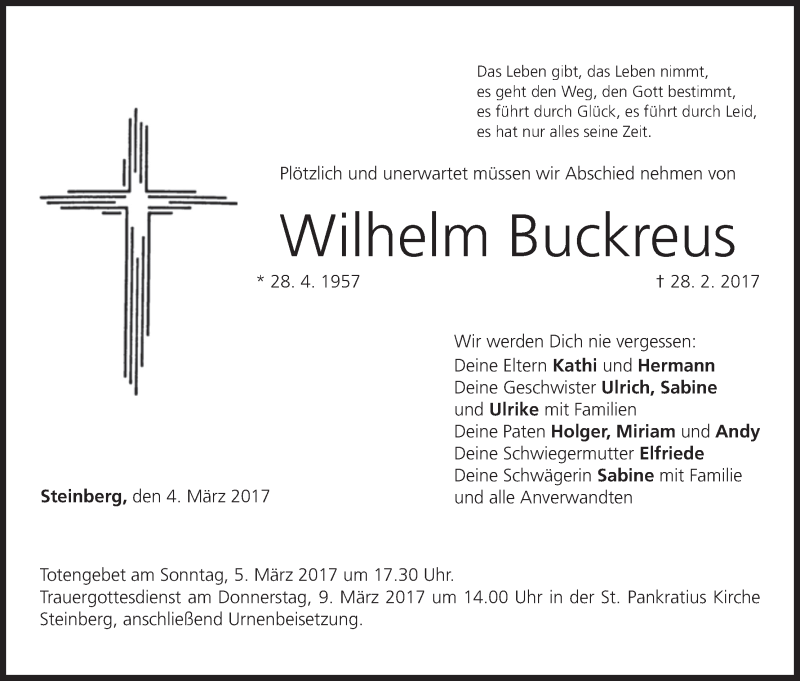  Traueranzeige für Wilhelm Buckreus vom 04.03.2017 aus MGO