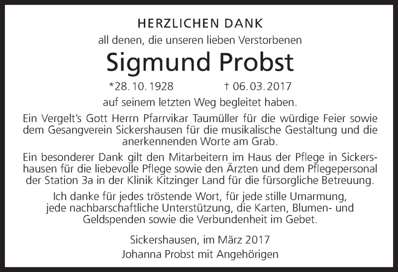  Traueranzeige für Sigmund Probst vom 24.03.2017 aus MGO