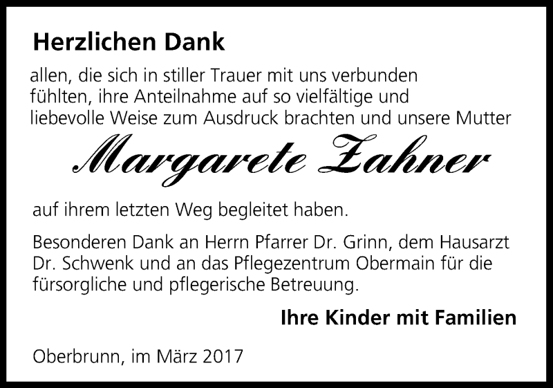  Traueranzeige für Margarete Zahner vom 25.03.2017 aus MGO