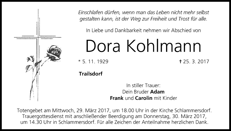  Traueranzeige für Dora Kohlmann vom 28.03.2017 aus MGO