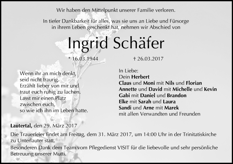  Traueranzeige für Ingrid Schäfer vom 29.03.2017 aus MGO