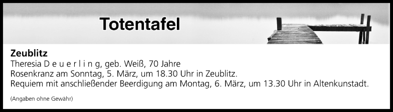  Traueranzeige für Totentafel 04.03.2017 vom 04.03.2017 aus MGO