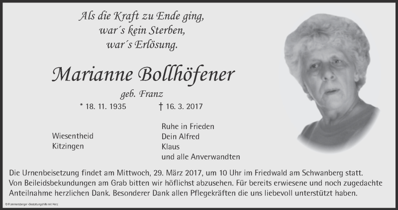  Traueranzeige für Marianne Bollhöfener vom 25.03.2017 aus MGO