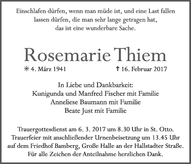  Traueranzeige für Rosemarie Thiem vom 04.03.2017 aus MGO