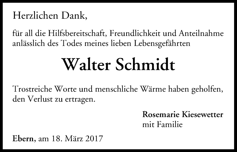  Traueranzeige für Walter Schmidt vom 18.03.2017 aus MGO