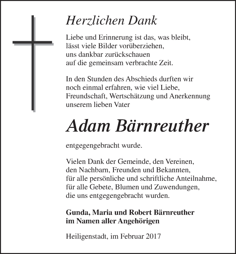  Traueranzeige für Adam Bärnreuther vom 11.03.2017 aus MGO
