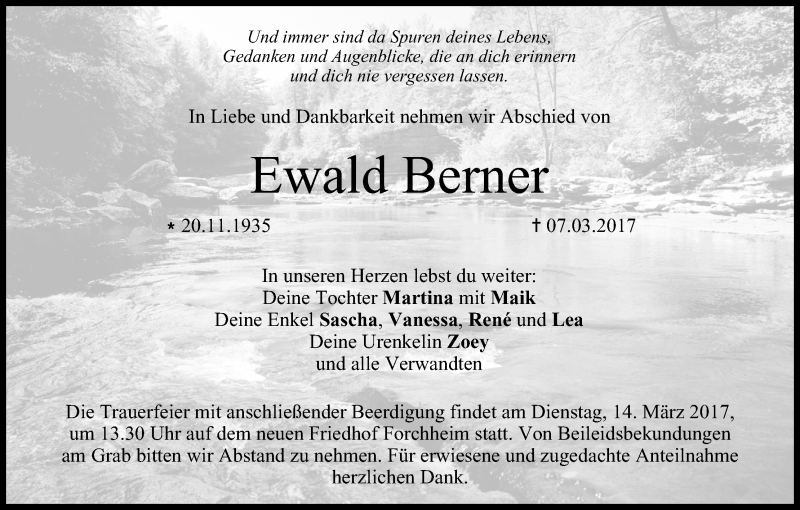  Traueranzeige für Ewald Berner vom 11.03.2017 aus MGO