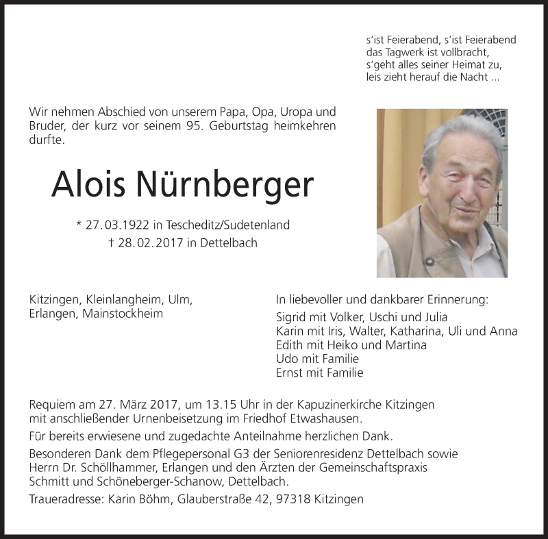  Traueranzeige für Alois Nürnberger vom 18.03.2017 aus MGO