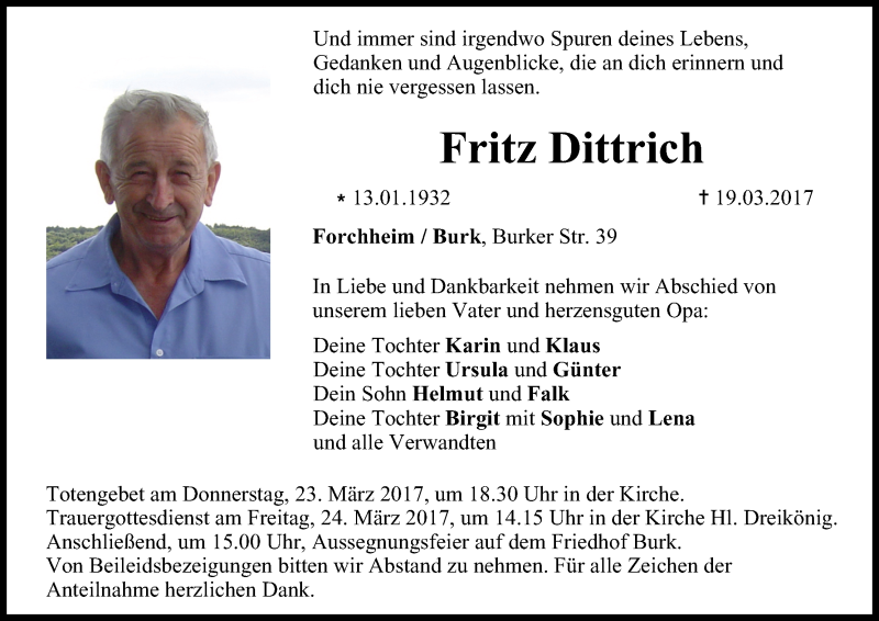  Traueranzeige für Fritz Dittrich vom 22.03.2017 aus MGO