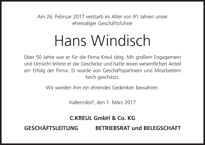  Traueranzeige für Hans Windfisch vom 02.03.2017 aus MGO