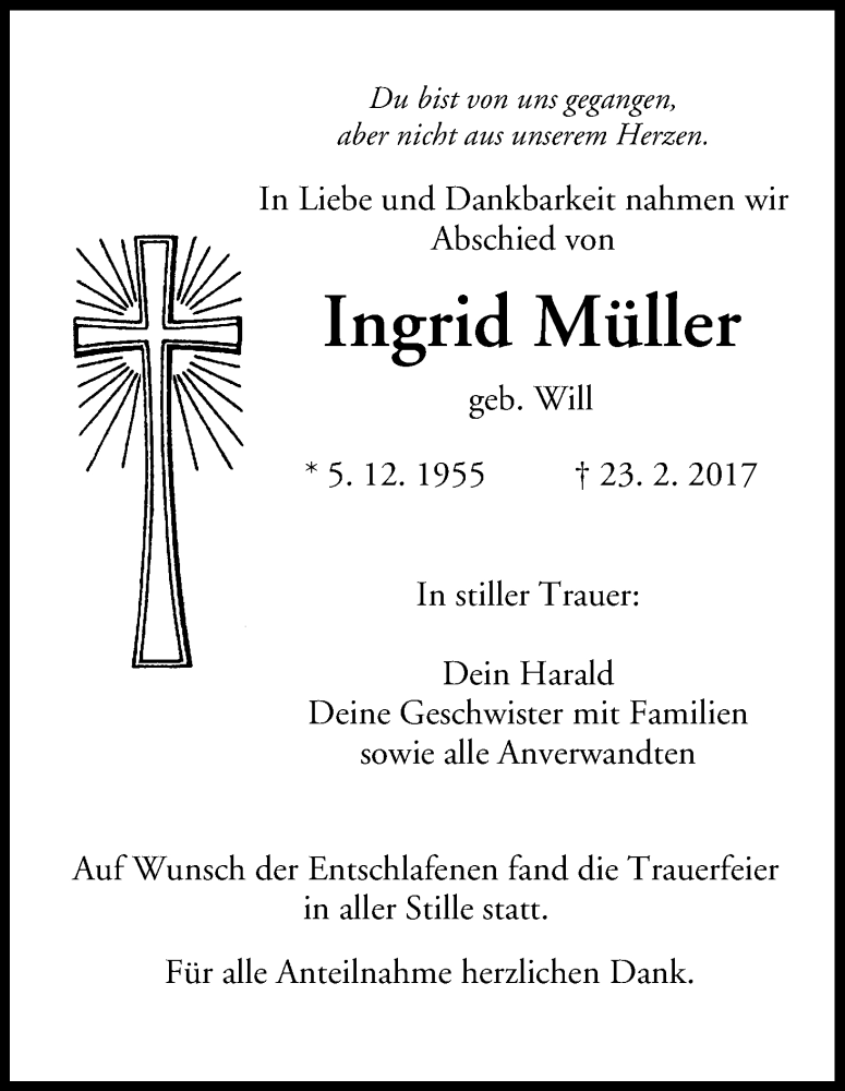  Traueranzeige für Ingrid Müller vom 11.03.2017 aus MGO