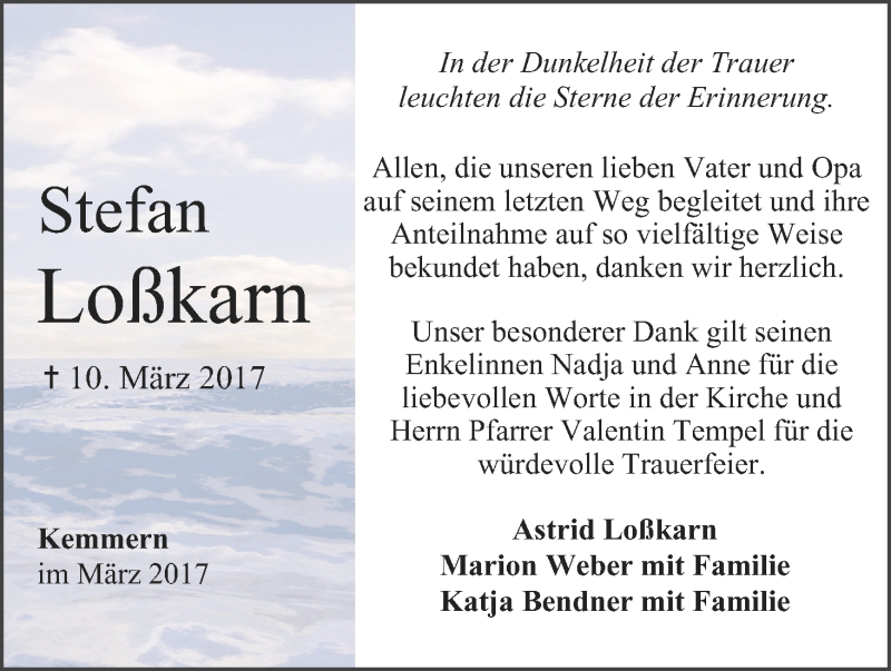  Traueranzeige für Stefan Loßkarn vom 25.03.2017 aus MGO