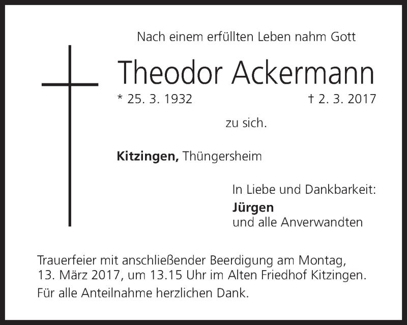  Traueranzeige für Theodor Ackermann vom 11.03.2017 aus MGO