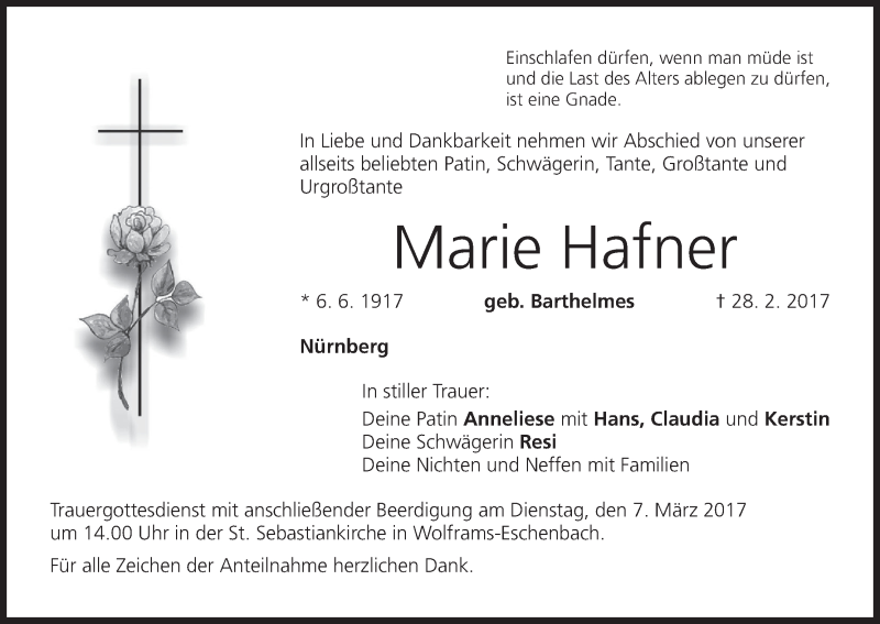  Traueranzeige für Marie Hafner vom 04.03.2017 aus MGO