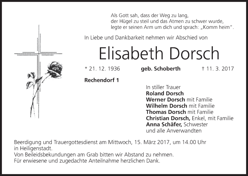  Traueranzeige für Elisabeth Dorsch vom 14.03.2017 aus MGO