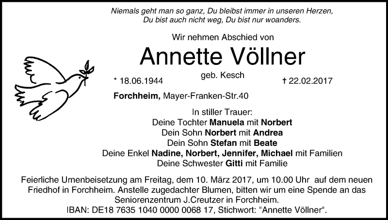  Traueranzeige für Annette Völlner vom 08.03.2017 aus MGO