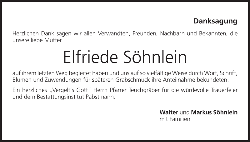  Traueranzeige für Elfriede Söhnlein vom 11.03.2017 aus MGO