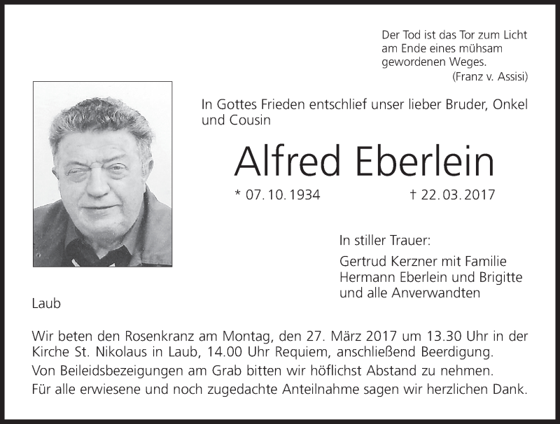  Traueranzeige für Alfred Eberlein vom 25.03.2017 aus MGO