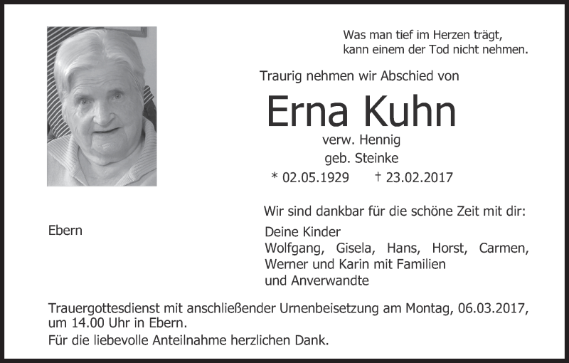  Traueranzeige für Erna Kuhn vom 03.03.2017 aus MGO
