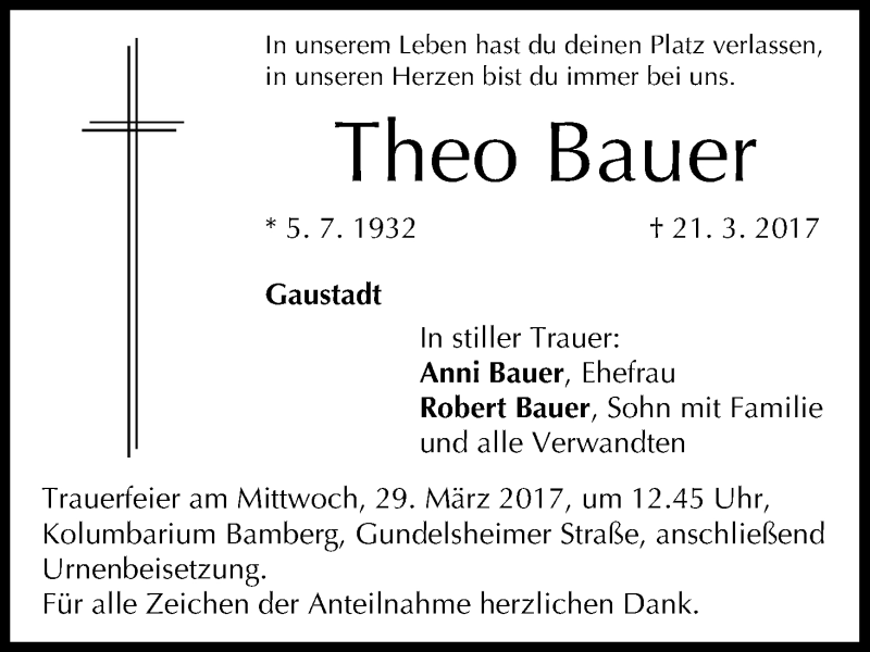  Traueranzeige für Theo Bauer vom 25.03.2017 aus MGO