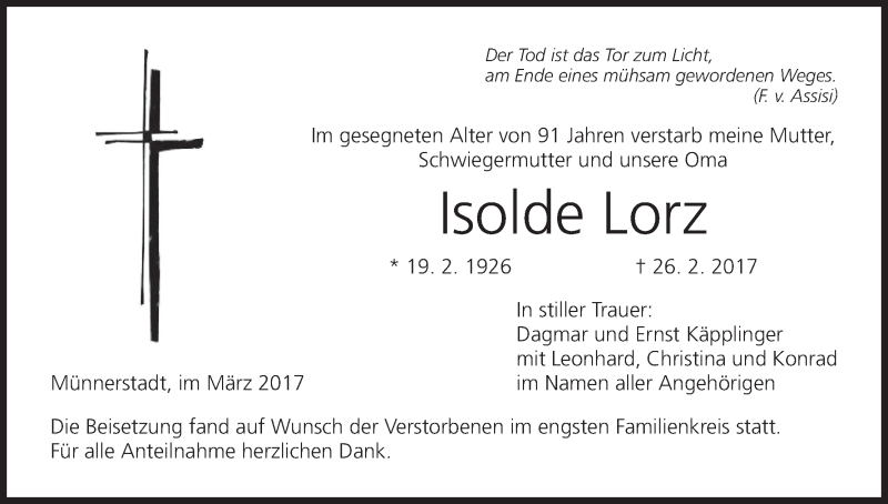  Traueranzeige für Isolde Lorz vom 23.03.2017 aus MGO