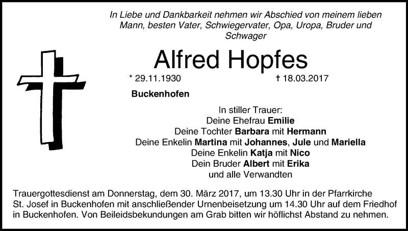  Traueranzeige für Alfred Hopfes vom 25.03.2017 aus MGO
